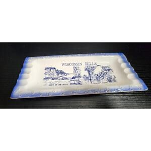 vintage Wisconsin Dells blue white Ceramic‎ Ashtray Tray Stand Rock Jaws of the